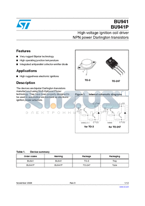 BU941P datasheet - High voltage ignition coil driver NPN power Darlington transistors