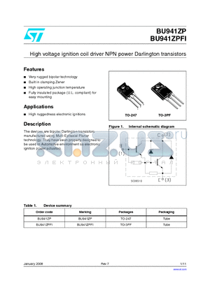 BU941ZP datasheet - High voltage ignition coil driver NPN power Darlington transistors