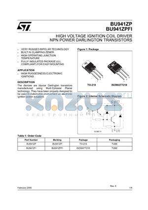 BU941ZP_05 datasheet - HIGH VOLTAGE IGNITION COIL DRIVER NPN POWER DARLINGTON TRANSISTORS