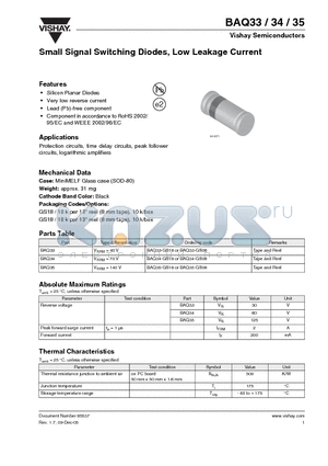 BAQ33 datasheet - Small Signal Switching Diodes, Low Leakage Current