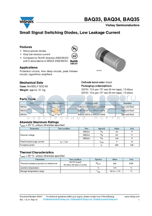 BAQ33 datasheet - Small Signal Switching Diodes, Low Leakage Current