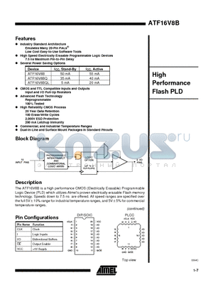 ATF16V8B-15PI datasheet - High Performance Flash PLD