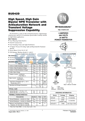 BUD42D datasheet - High Speed, High Gain Bipolar NPN Transistor with Antisaturation Network and Transient Voltage Suppression Capability