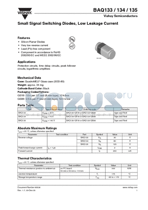 BAQ135 datasheet - Small Signal Switching Diodes, Low Leakage Current