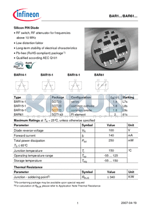 BAR14-1 datasheet - Silicon PIN Diode