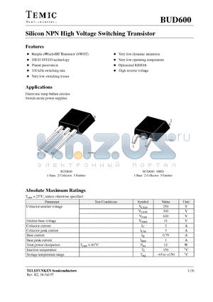 BUD600 datasheet - Silicon NPN Hugh Voltage Switching Transistor