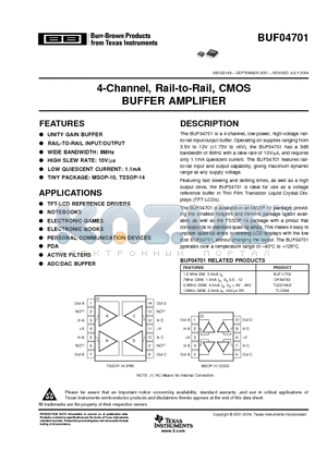 BUF04701AIDGS datasheet - 4-Channel, Rail-to-Rail, CMOS BUFFER AMPLIFIER