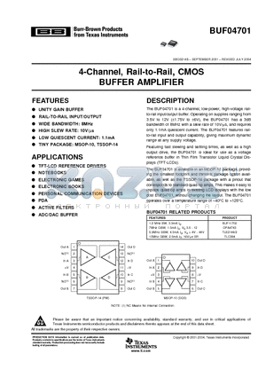 BUF04701AIPWRG4 datasheet - 4-Channel, Rail-to-Rail, CMOS BUFFER AMPLIFIER