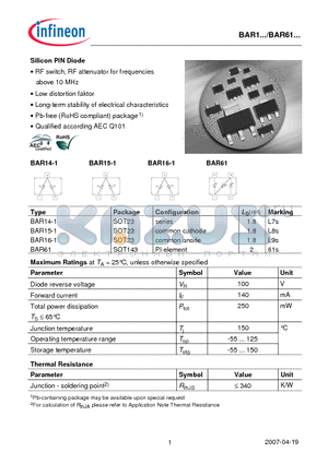 BAR15-1 datasheet - Silicon PIN Diode