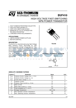 BUF410 datasheet - HIGH VOLTAGE FAST-SWITCHING NPN POWER TRANSISTOR