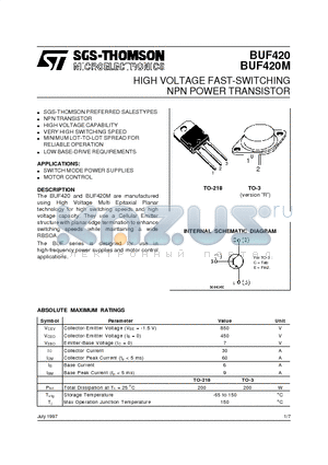 BUF420M datasheet - HIGH VOLTAGE FAST-SWITCHING NPN POWER TRANSISTOR