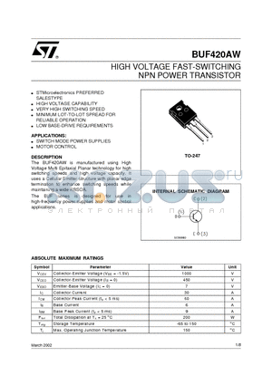 BUF420AW datasheet - HIGH VOLTAGE FAST-SWITCHING NPN POWER TRANSISTOR