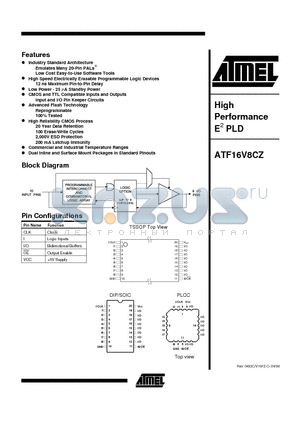 ATF16V8CZ-15JC datasheet - High Performance E2 PLD