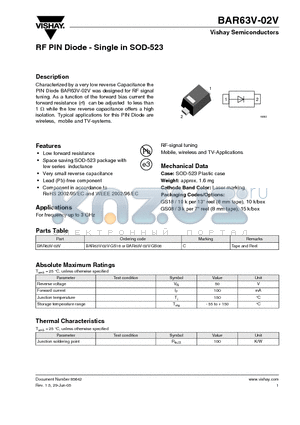 BAR63V-02V-GS18 datasheet - RF PIN Diode - Single in SOD-523