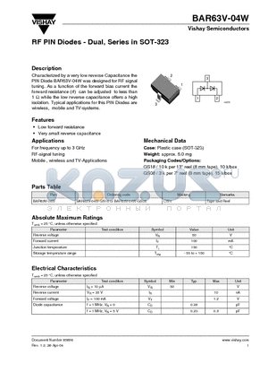 BAR63V-04W-GS18 datasheet - RF PIN Diodes - Dual, Series in SOT-323