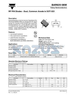 BAR63V-06W-GS18 datasheet - RF PIN Diodes - Dual, Common Anode in SOT-323