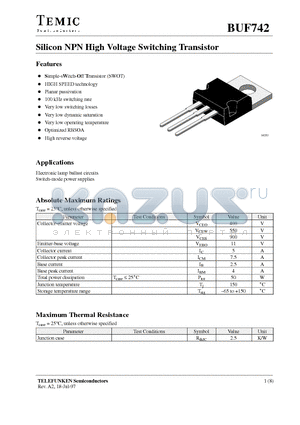 BUF742 datasheet - Silicon NPN High Voltage Switching Transistor