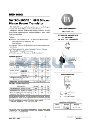 BUH100G datasheet - SWITCHMODE NPN Silicon Planar Power Transistor