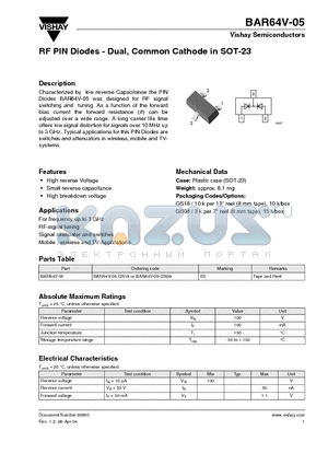 BAR64V-05-GS18 datasheet - RF PIN Diodes - Dual, Common Cathode in SOT-23