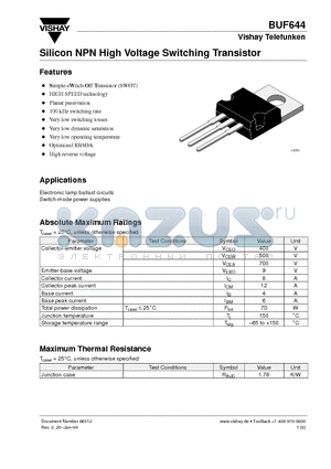 BUF644 datasheet - Silicon NPN High Voltage Switching Transistor