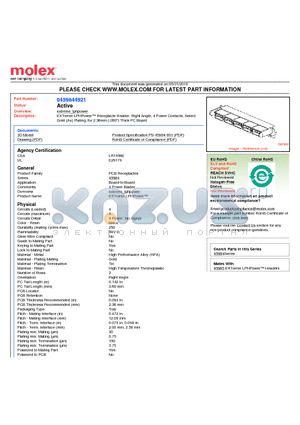 0459844921 datasheet - EXTreme LPHPower Receptacle Header, Right Angle, 4 Power Contacts, Select Gold (Au) Plating