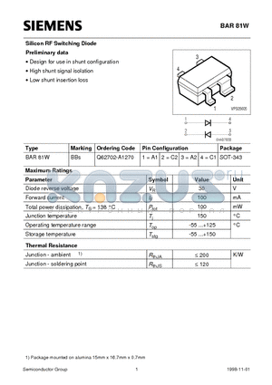 BAR81W datasheet - Silicon RF Switching Diode Preliminary data (Design for use in shunt configuration High shunt signal isolation Low shunt insertion loss)