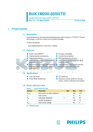 BUK1M200-50SGTD datasheet - Quad channel logic level TOPFET