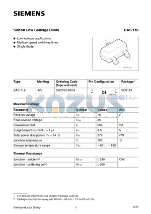 BAS116 datasheet - Silicon Low Leakage Diode (Low-leakage applications Medium speed switching times Single diode)