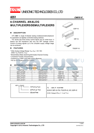 4051G-D16-T datasheet - 8-CHANNEL ANALOG MULTIPLEXERS/DEMULTIPLEXERS