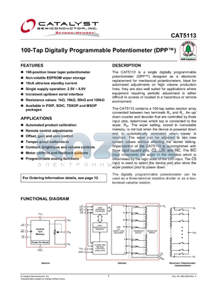 CAT5113ZI-10 datasheet - 100-Tap Digitally Programmable Potentiometer (DPP)