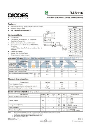 BAS116 datasheet - SURFACE MOUNT LOW LEAKAGE DIODE