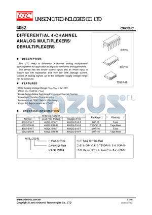 4052G-D16-T datasheet - DIFFERENTIAL 4-CHANNEL ANALOG MULTIPLEXERS/ DEMULTIPLEXERS