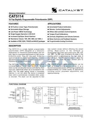 CAT5114P-10TE13 datasheet - 32-Tap Digitally Programmable Potentiometer (DPP)