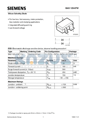 BAS125-07W datasheet - Silicon Schottky Diode (For low-loss, fast-recovery, meter protection, bias isolation and clamping applications)