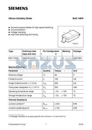 BAS140W datasheet - Silicon Schottky Diode (General purpose diodes for high-speed switching Circuit protection Voltage clamping High-level detecting and mixing)