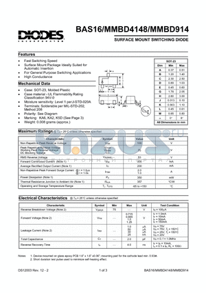 BAS16 datasheet - SURFACE MOUNT SWITCHING DIODE