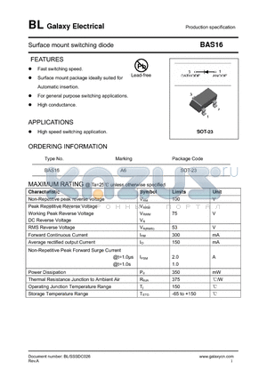 BAS16 datasheet - Surface mount switching diode