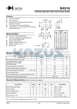 BAS16-T3 datasheet - SURFACE MOUNT FAST SWITCHING DIODE