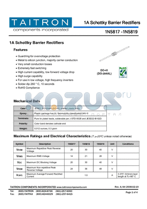 1N5819 datasheet - 1A Schottky Barrier Rectifiers