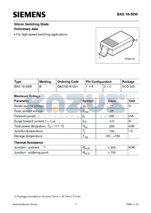 BAS16-03W datasheet - Silicon Switching Diode Preliminary data (For high-speed switching applications)