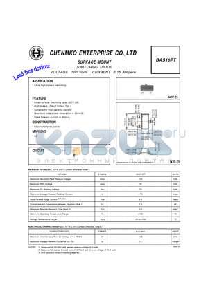 BAS16PT datasheet - SWITCHING DIODE VOLTAGE 100 Volts CURRENT 0.15 Ampere