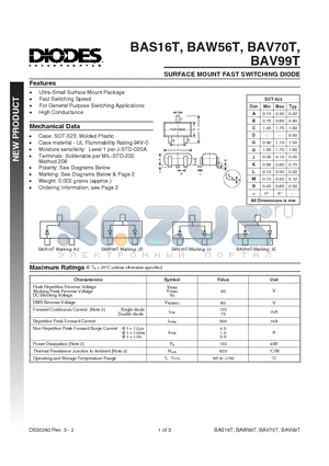 BAS16T-7 datasheet - SURFACE MOUNT FAST SWITCHING DIODE