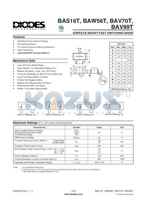 BAS16T-7-F datasheet - SURFACE MOUNT FAST SWITCHING DIODE