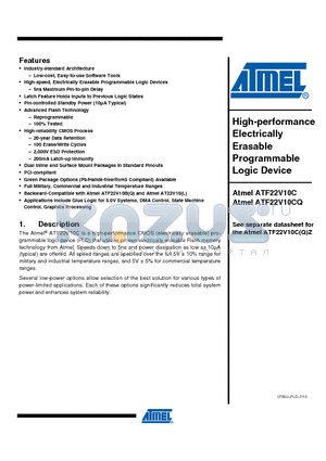 ATF22V10C-10JU datasheet - High-performance Electrically Erasable Programmable Logic Device