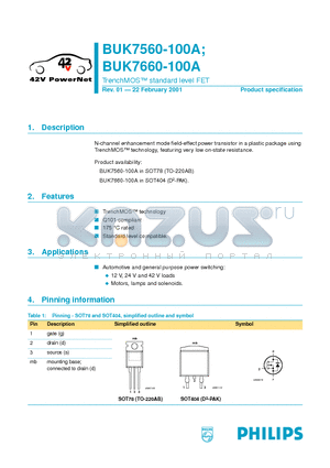 BUK7560-100A datasheet - TrenchMOS standard level FET
