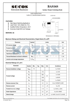 BAS16S datasheet - Surface Mount Switching Diode