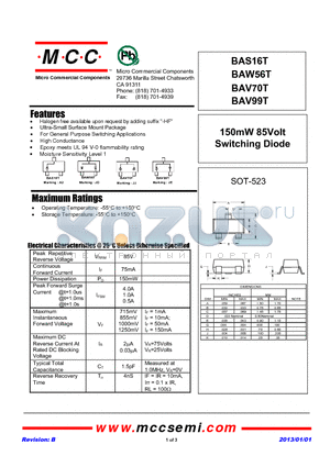 BAS16T_13 datasheet - 150mW 85Volt Switching Diode