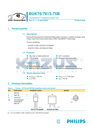 BUK7613-75B datasheet - TrenchMOS standard level FET