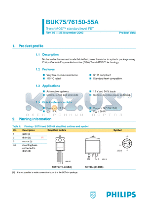 BUK76150-55A datasheet - TrenchMOS standard level FET