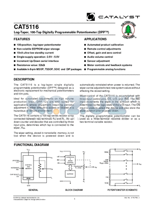 CAT5116SISOIC datasheet - Log-Taper, 100-Tap Digitally Programmable Potentiometer